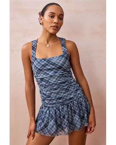 Urban Outfitters Uo Sabrina Check Mesh Playsuit - Blue