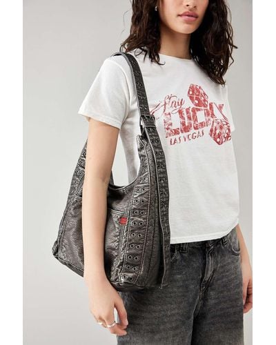 Urban Outfitters Uo Faux Leather Eyelet Trapeze Shoulder Bag - Grey