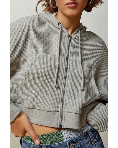 BDG Leah Waffle Knit Zip-Up Hoodie Sweatshirt - Grey