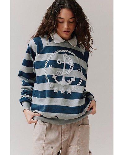 BDG Hayes Anchor Striped Collared Pullover Sweatshirt - Blue