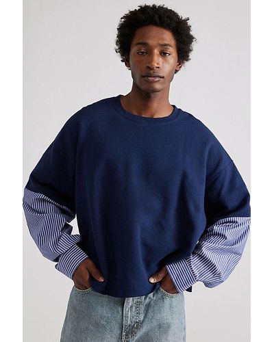 Urban Renewal Remade Shirting Sleeve Crew Neck Sweatshirt - Blue