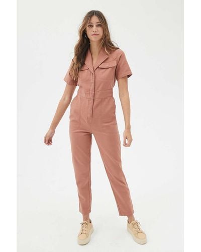BDG Lizzy Short Sleeve Twill Coverall Jumpsuit - Brown