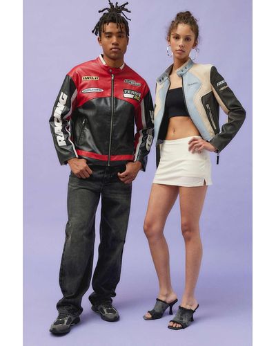 iets frans... Oversized Patch Racer Moto Jacket In Red At Urban Outfitters