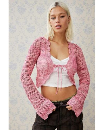 Urban Outfitters Uo Tie-front Pointelle Cardigan - Pink