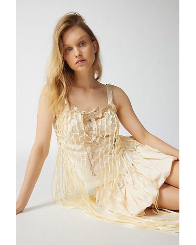 Urban Outfitters Ribbon Bow Fringe Top - Natural