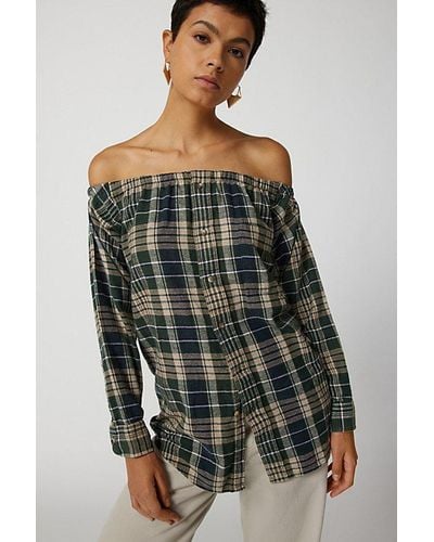 Urban Renewal Remade Off-The-Shoulder Flannel Tunic - Blue