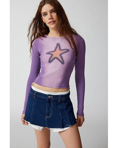 Urban Outfitters Star Icon Acid Washed Long Sleeve Baby Tee - Purple