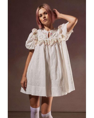 For Love & Lemons Thalia Eyelet Mini Dress In White,at Urban Outfitters - Brown