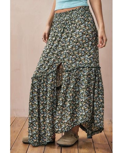 Urban Outfitters Uo Floral Asymmetrical Praire Maxi Skirt - Green