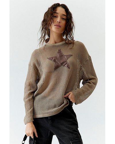 Urban Outfitters Applique Star Open Knit Long Sleeve Tee - Brown