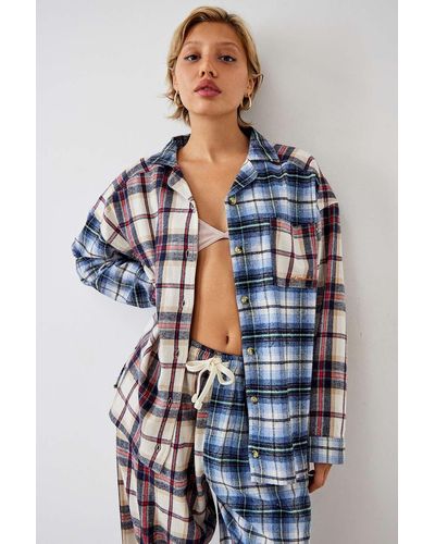 Out From Under Holiday Check Lounge Shirt Xs At Urban Outfitters - Blue