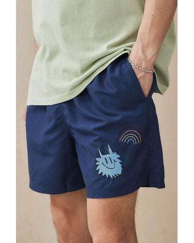Urban Outfitters Uo Doodle Embroidered Navy Swim Shorts - Blue