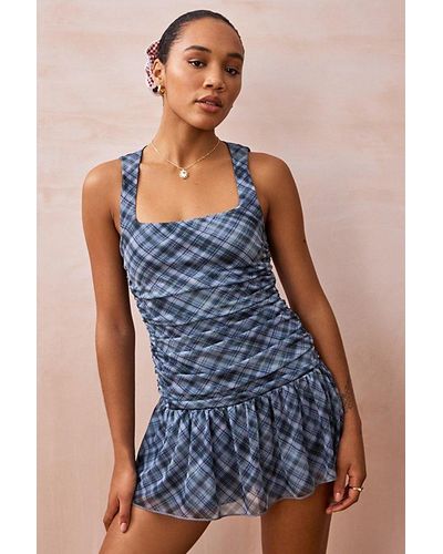 Urban Outfitters Uo Sabrina Check Mesh Romper - Blue