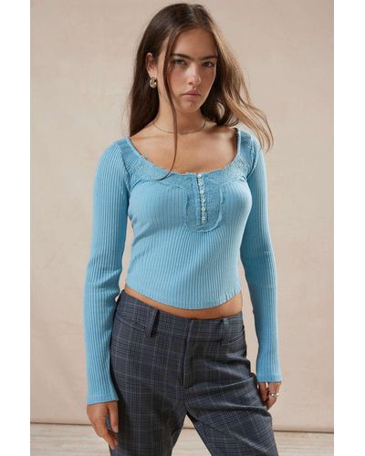 Kimchi Blue Annalise Lace Henley Top In Blue,at Urban Outfitters