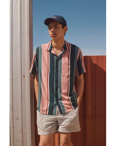 Urban Outfitters Uo Multicolor-stripe Lightweight Rayon Short Sleeve Button-down Shirt - Blue