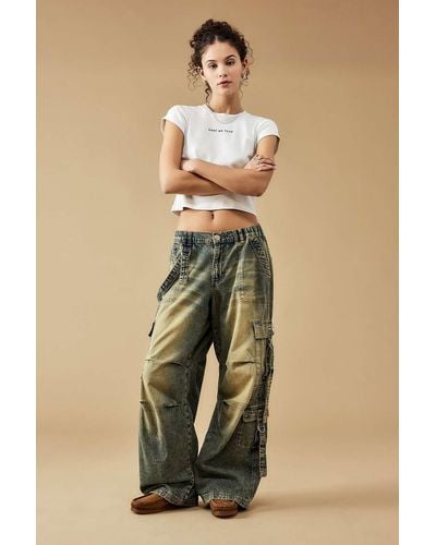 BDG Sand Tinted Denim Strappy Cargo Trousers - Green