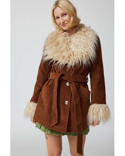 Urban Outfitters Uo Tasha Faux Fur Corduroy Coat Jacket In Brown,at