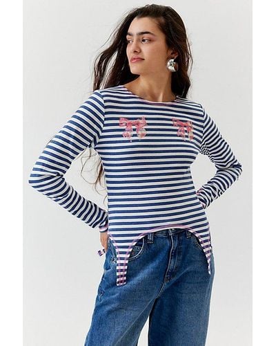 Urban Outfitters Striped Bow Long Sleeve Baby Tee - Blue