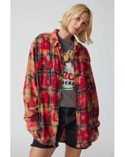 Urban Renewal Remade Uneven Bleached Flannel Shirt - Red