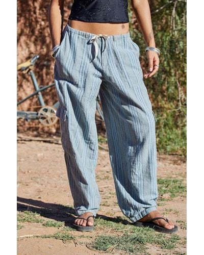 BDG Cody Striped Linen Cocoon Cargo Trousers - Blue