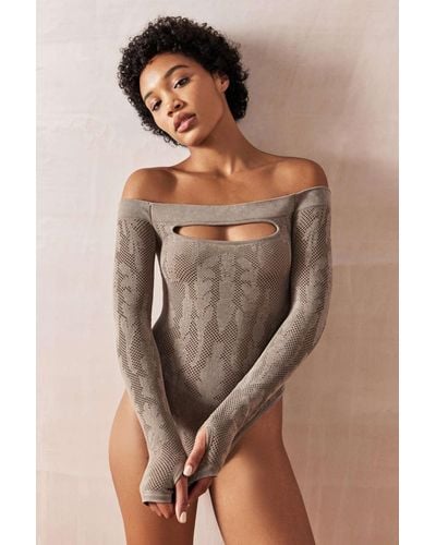 Out From Under Lace Bardot Cut-out Long Sleeve Bodysuit In Light Brown,at Urban Outfitters