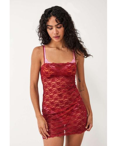 Out From Under Stretch Lace Slip Dress - Red