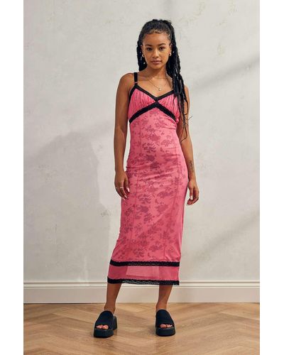 Urban Outfitters Uo Olivia Mesh & Lace Slip Midi Dress - Pink