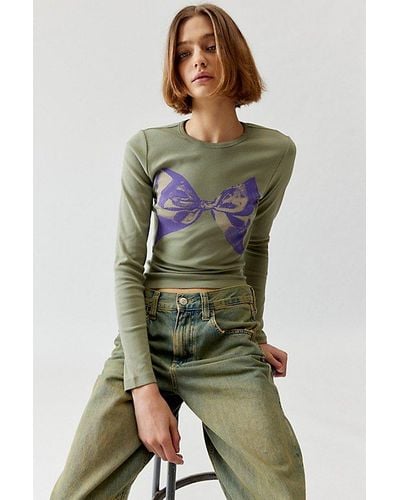 Urban Outfitters Sweet Bow Long Sleeve Baby Tee - Green