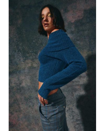Silence + Noise Silence + Noise Claudia Off-the-shoulder Sweater In Dark Blue,at Urban Outfitters