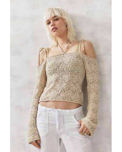 Urban Outfitters Uo Pointelle Cold Shoulder Tie Knit Top - Natural