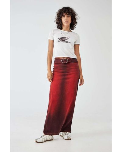 BDG Red Belted Denim Column Maxi Skirt