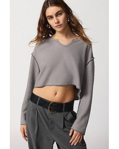 Urban Outfitters Uo Parker Notch Neck Long Sleeve Top - Gray