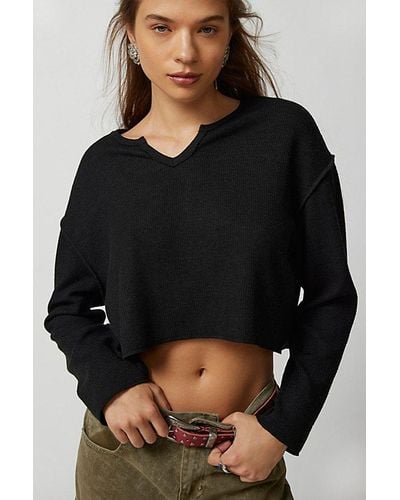 Urban Outfitters Uo Parker Notch Neck Long Sleeve Top - Black