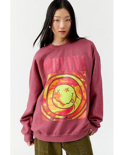 Urban Outfitters Nirvana Smile Overdyed Fleece Crew Neck Sweatshirt - Red
