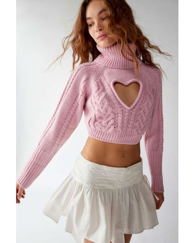 For Love & Lemons Vera Cropped Heart Cutout Sweater - Red