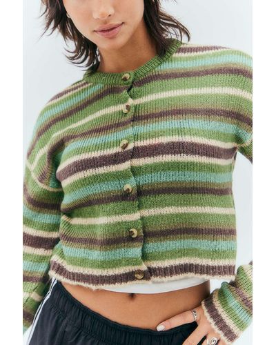 Urban Outfitters Uo Crew Neck Striped Cardigan - Green