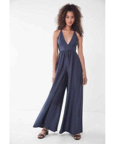 Urban Outfitters Uo Gia Plunging Shimmer Jumpsuit - Blue