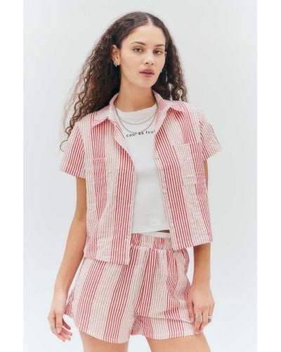 Daisy Street Striped Seersucker Shirt Xs At Urban Outfitters - Pink