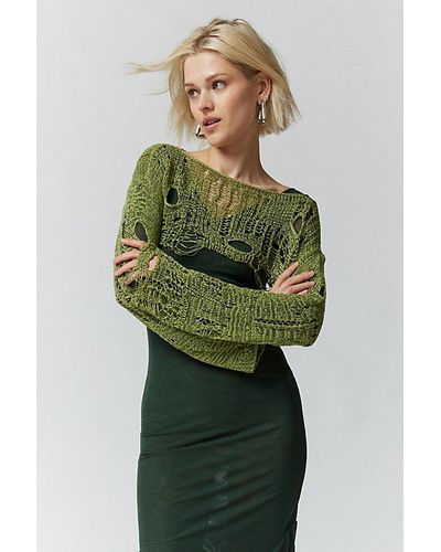 Urban Outfitters Uo Carla Semi-Sheer Distressed Shrug Sweater - Green