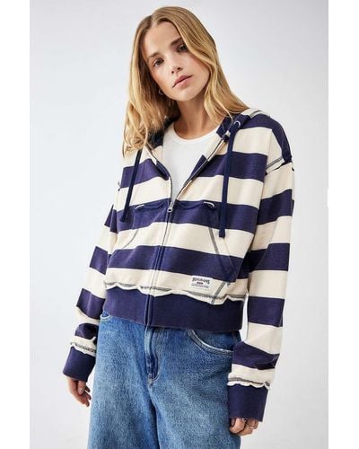 BDG Stripe Zip-up Hoodie - Blue