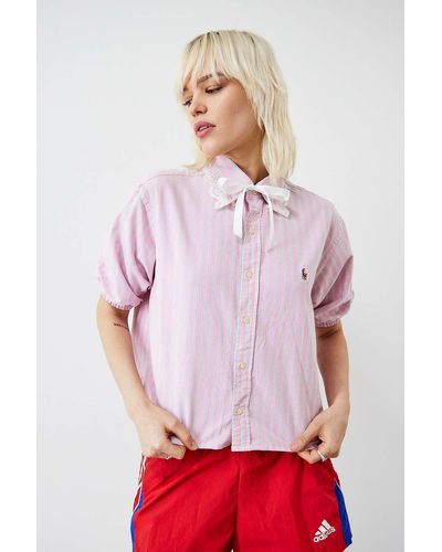 Urban Renewal Remade From Vintage Pink Lace Trim Puff Sleeve Shirt - Red