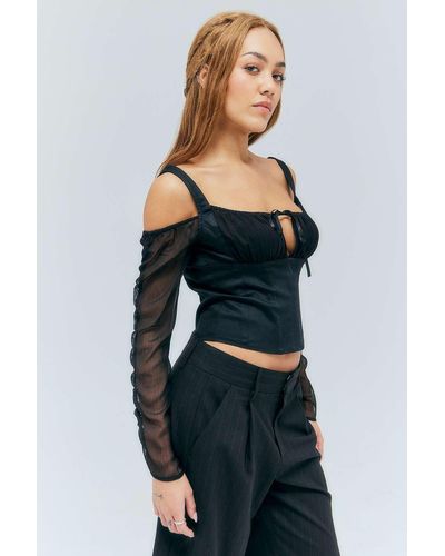 Urban Outfitters Uo Black Mesh Corset Blouse - Blue
