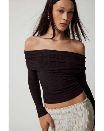Urban Outfitters Uo Hailey Folded Off-the-shoulder Long Sleeve Top - Black