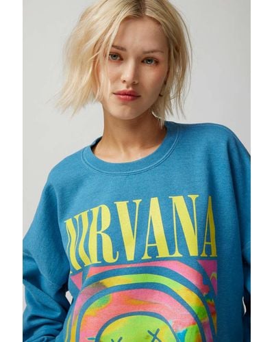 Urban Outfitters Nirvana Smile Overdyed Crew Neck Sweatshirt In Turquoise,at - Blue