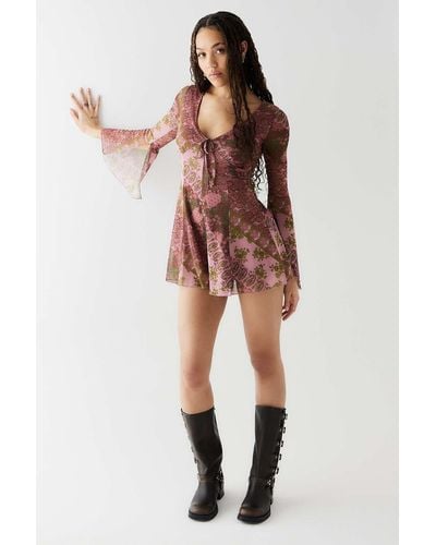 Urban Outfitters Eva Floral Mesh Playsuit - Red