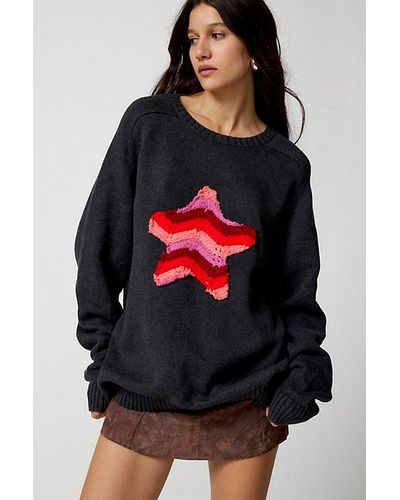 Urban Renewal Remade Crochet Star Patch Crew Neck Sweater - Red