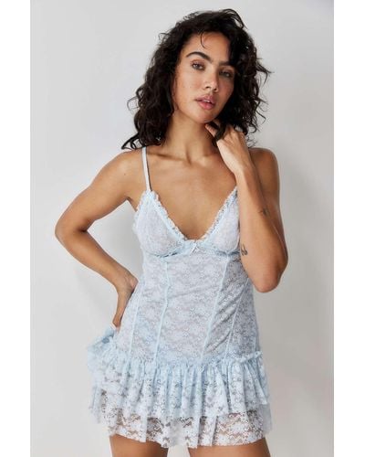 Out From Under Ruffle Y2k Sheer Lace Babydoll Dress - Blue