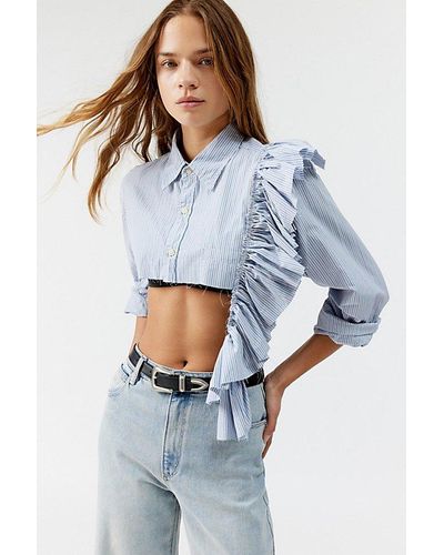 Urban Renewal Remade Side Ruffle Cropped Button-Down Top - Blue