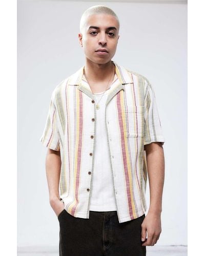 BDG Uo White & Red Stripe Gauze Short-sleeved Shirt 2xs At Urban Outfitters