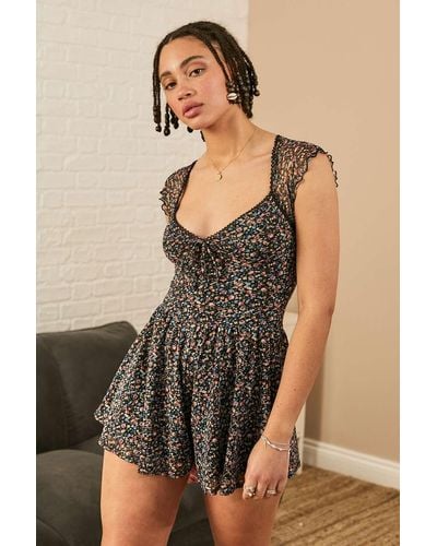 Urban Outfitters Uo Milly Mesh Ditsy Playsuit - Brown